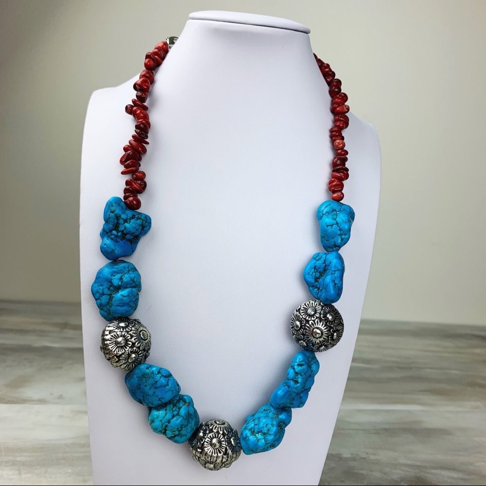 Turquoise & Red Adjustable Statement Necklace - image 2